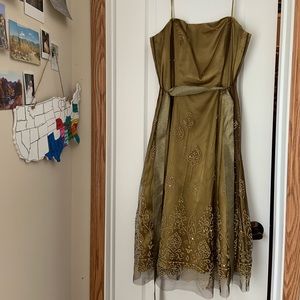 Green & Gold Strapless formal dress.